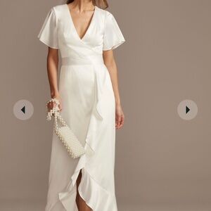 DB STUDIO flutter sleeve stretch satin dress with ruffle hem